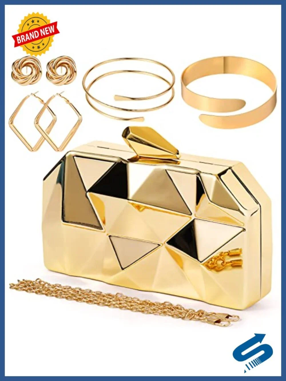 Gold Clutch Purse Women Evening Handbag Set with Jewelry Earrings Arm Cuffs